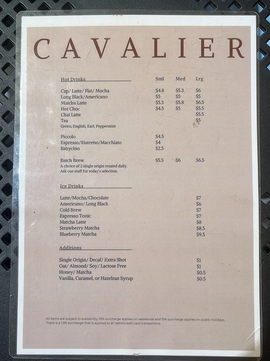 Menu, Cavalier Specialty Coffee (Cavalier 1.0)