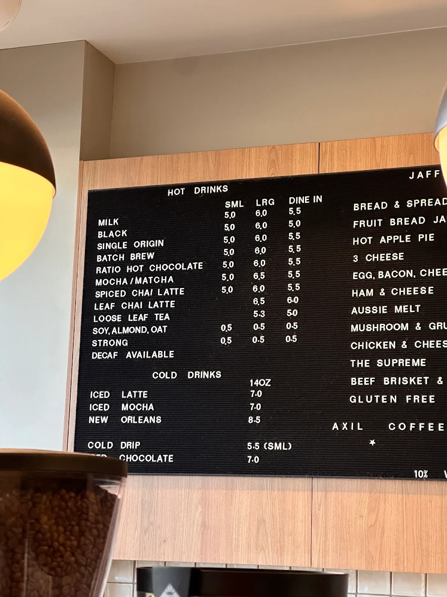 Menu, Axil Coffee Roasters Kew