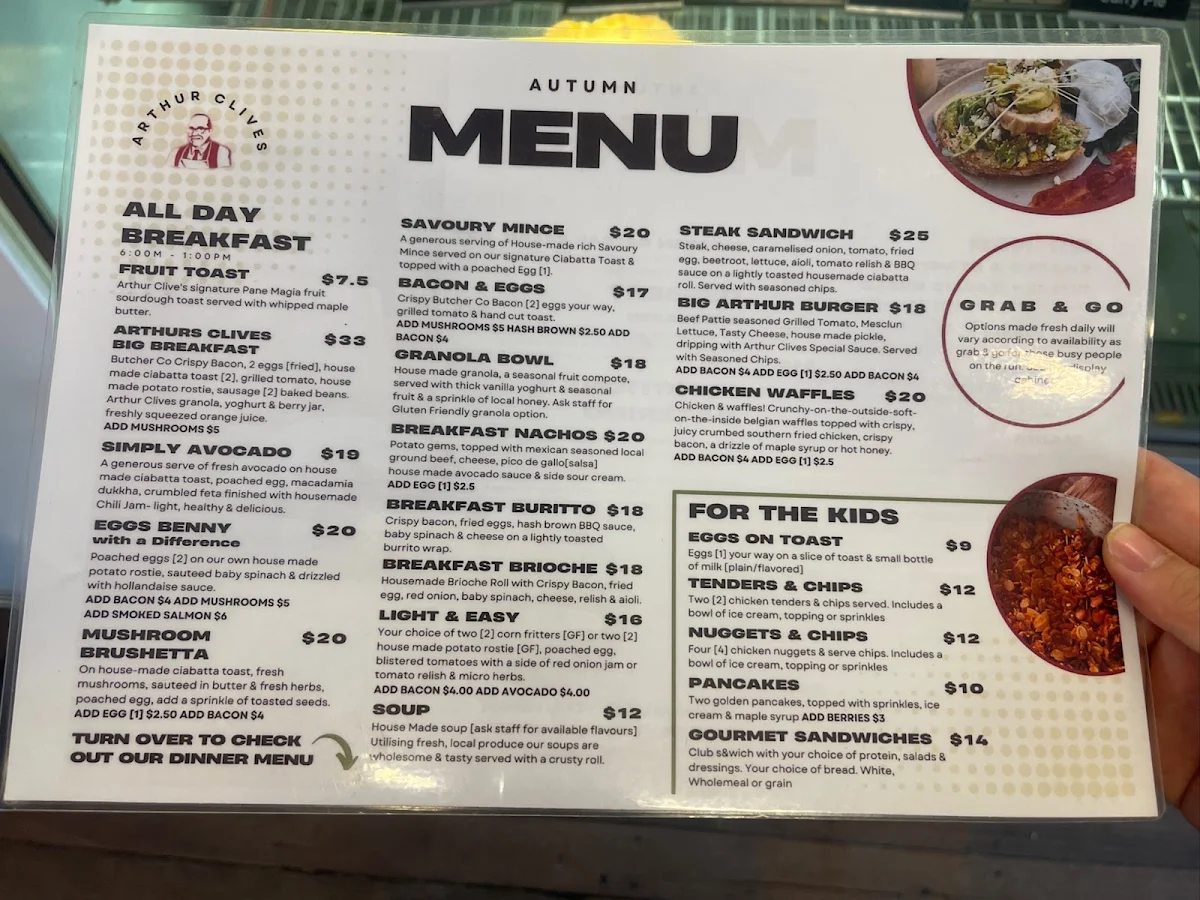 Menu, Arthur Clive's Bakery Cafe - Boonah