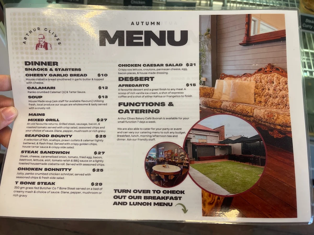 Menu, Arthur Clive's Bakery Cafe - Boonah