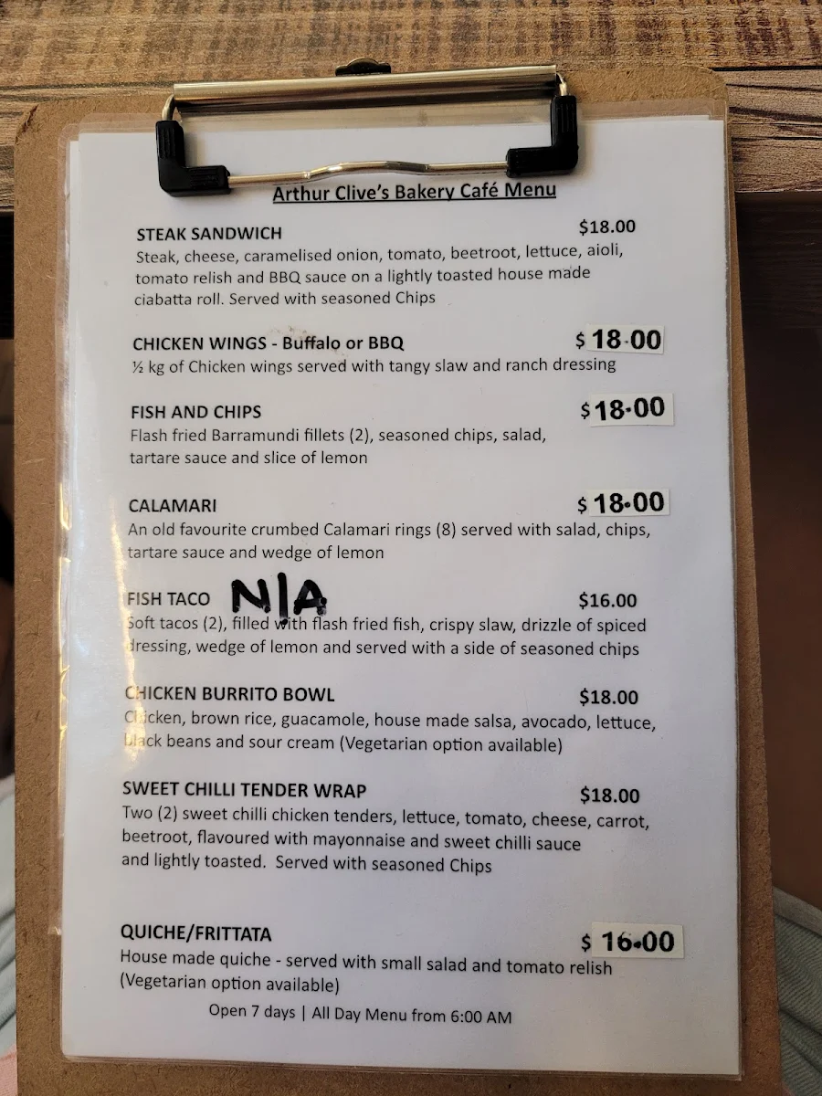Menu, Arthur Clive's Bakery Cafe - Boonah