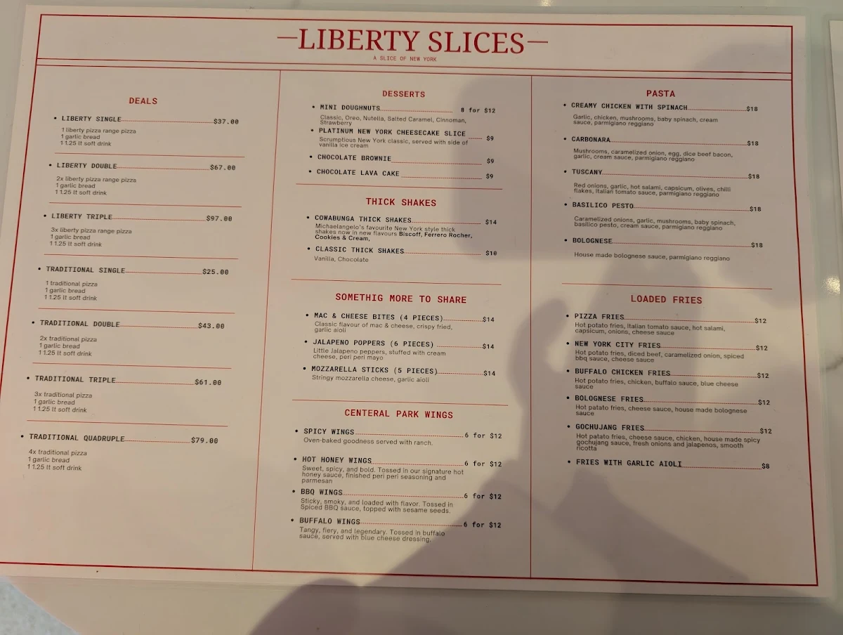Menu, Liberty Slices South Melbourne