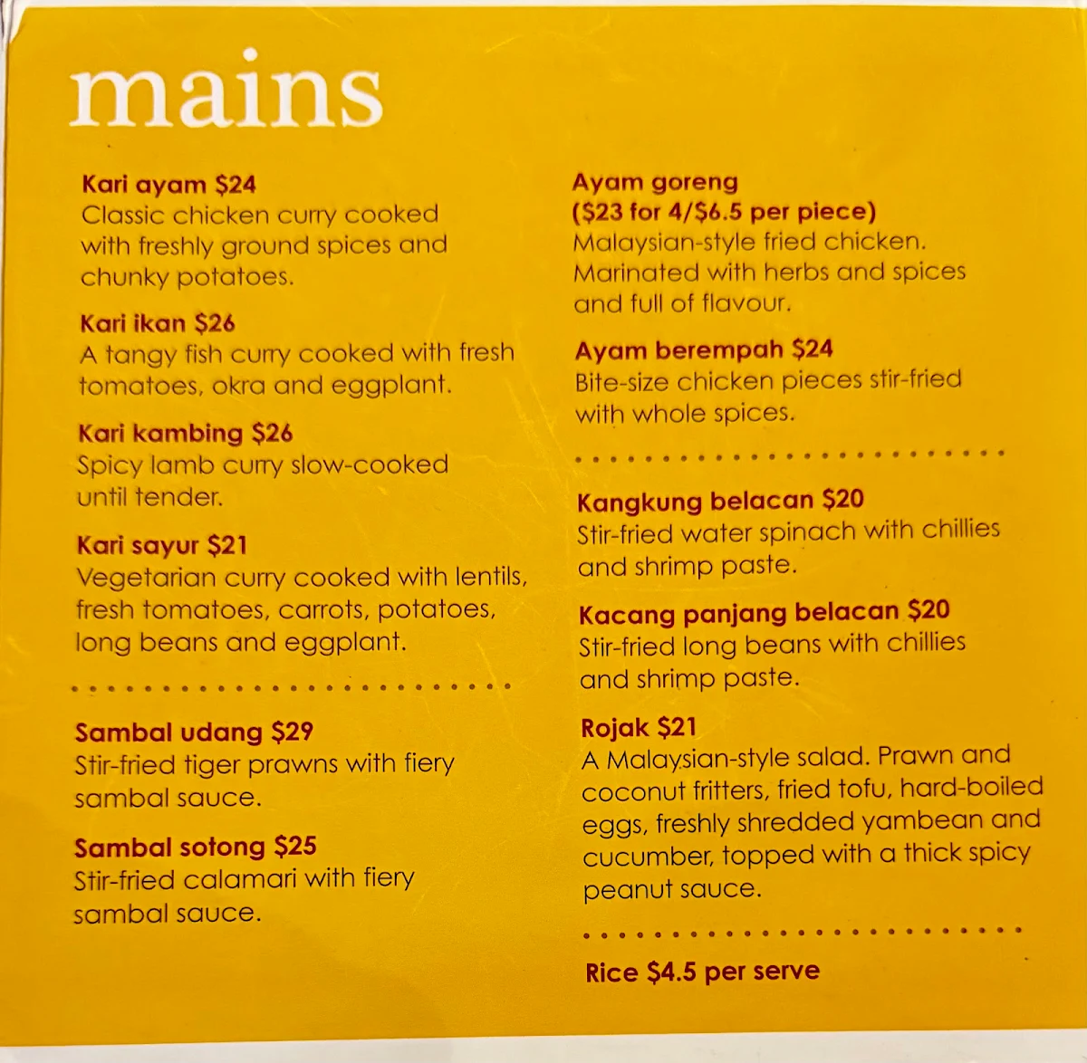 Menu, Mamak Melbourne
