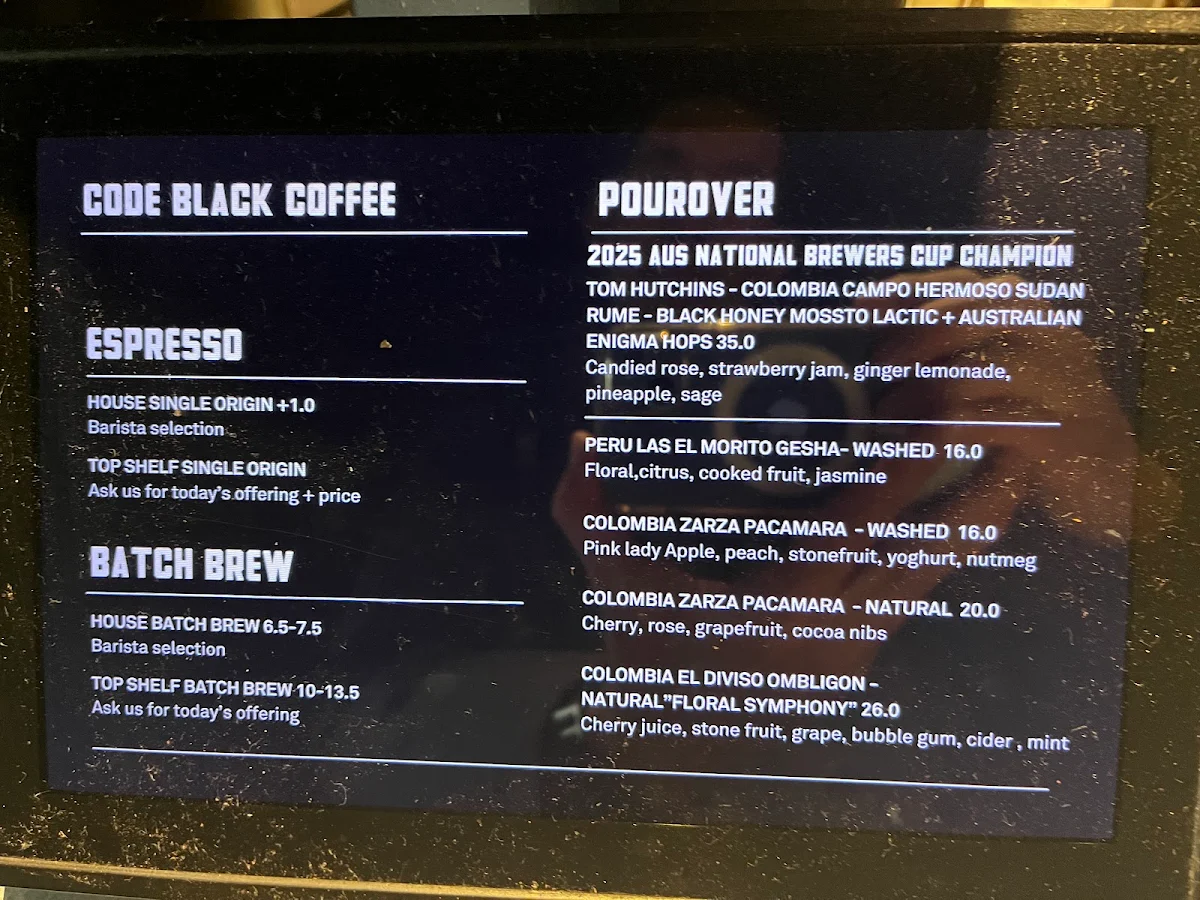 Menu, Code Black Coffee Spencer Street