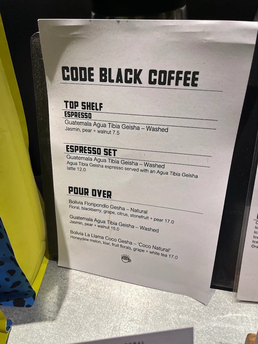 Menu, Code Black Coffee Spencer Street