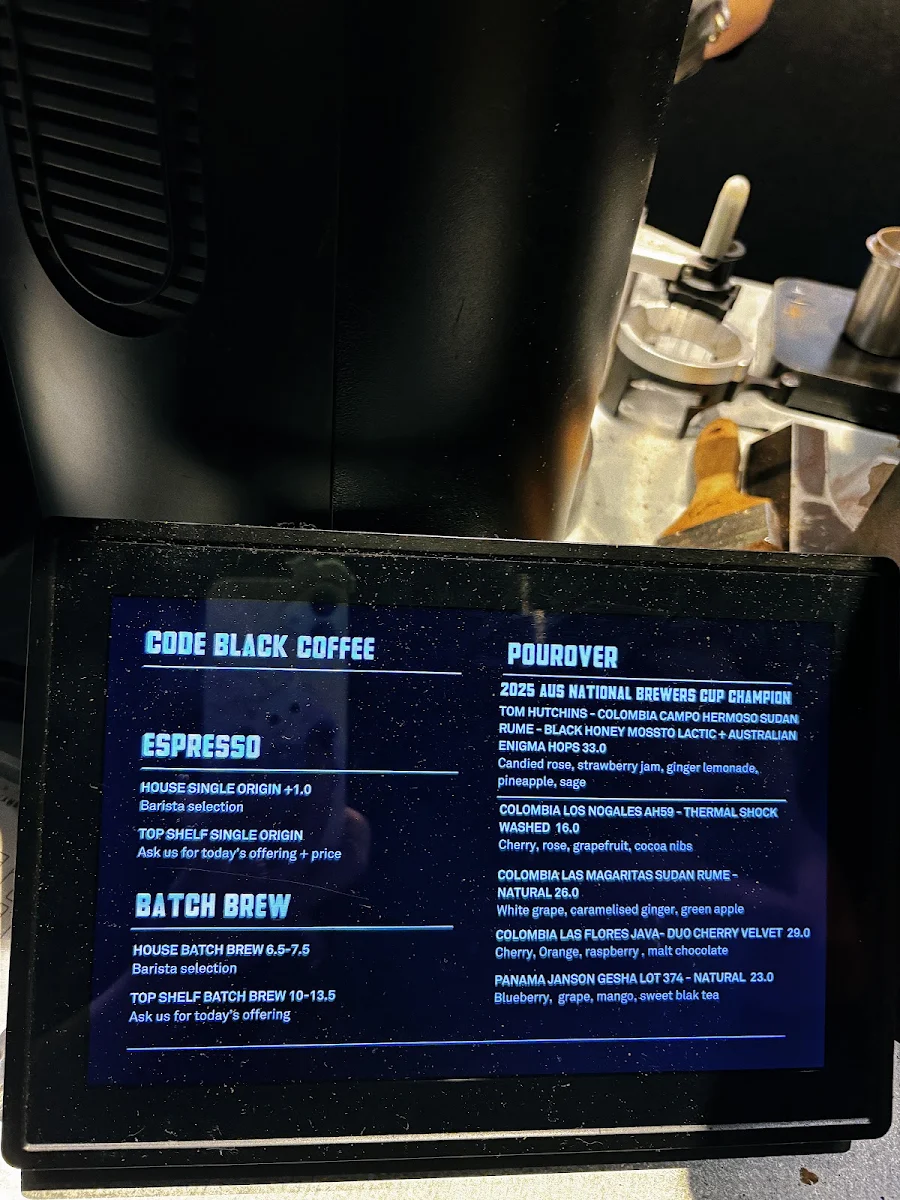 Menu, Code Black Coffee Spencer Street
