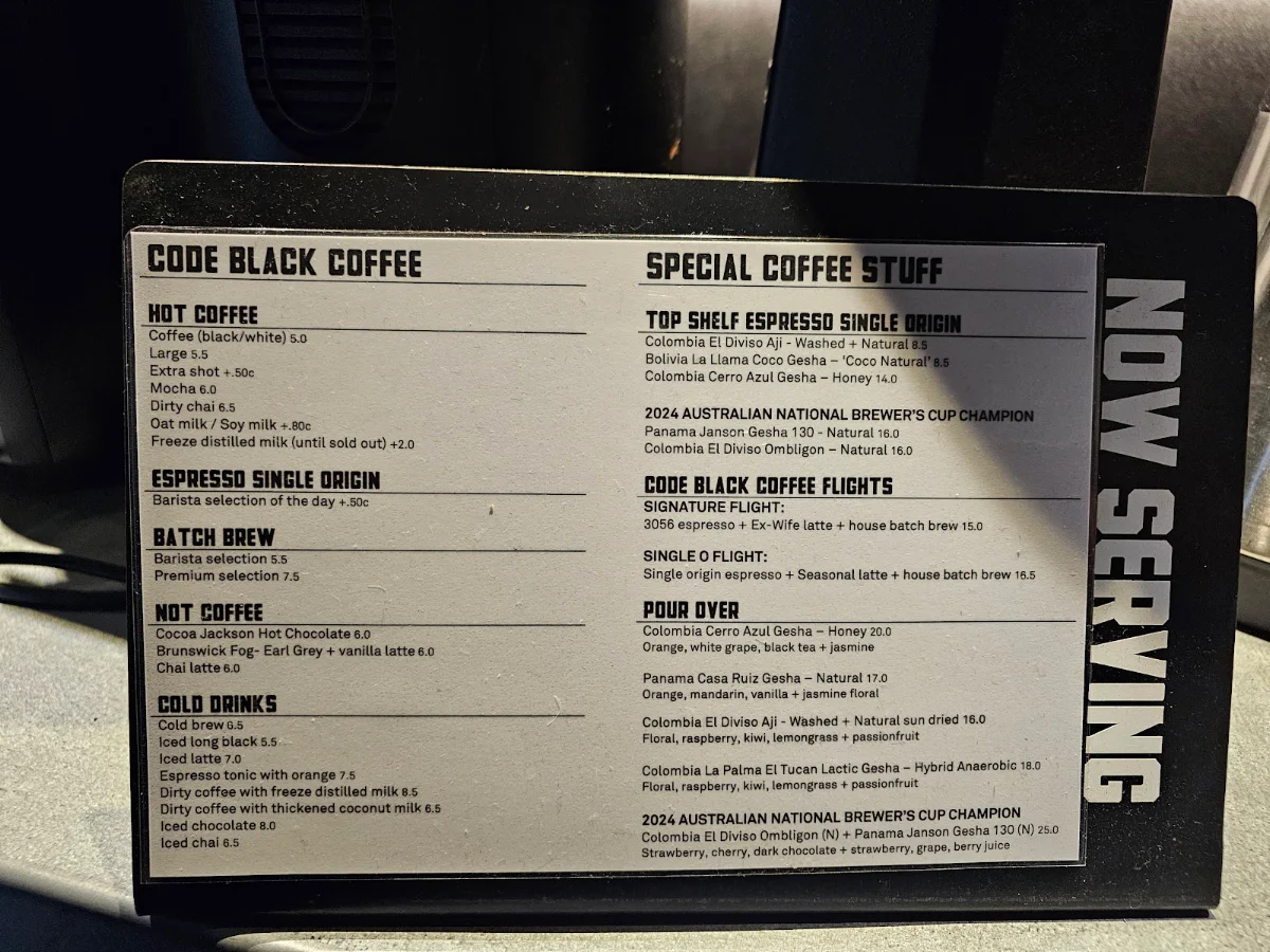 Menu, Code Black Coffee Spencer Street