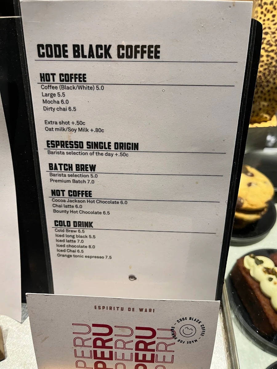 Menu, Code Black Coffee Spencer Street