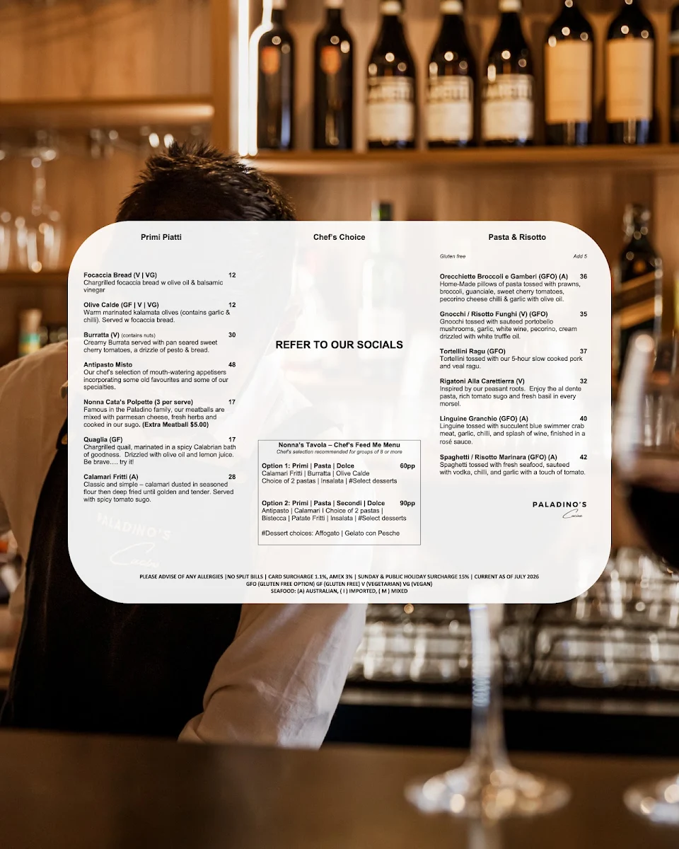 Menu, Paladino's Cucina