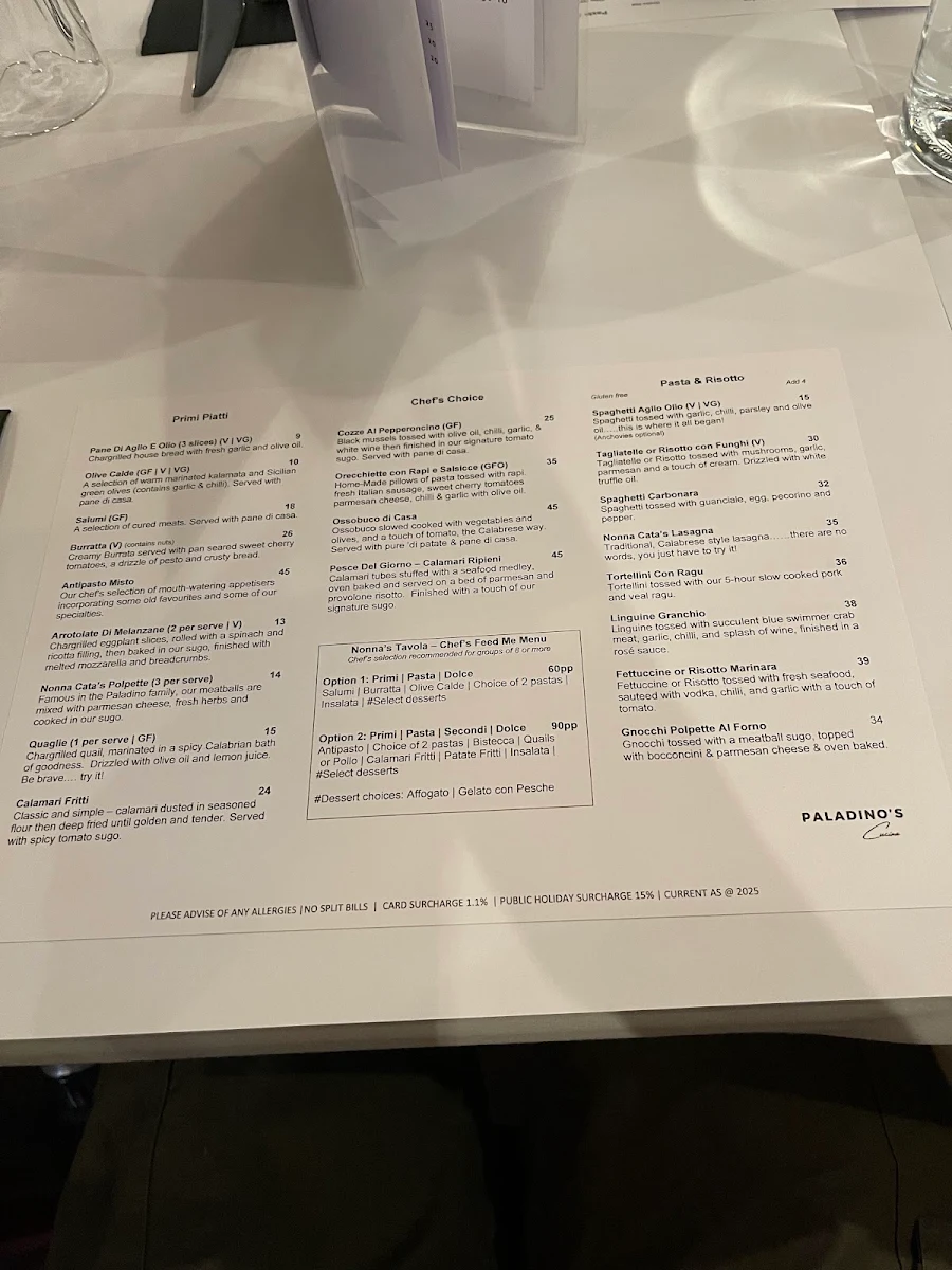 Menu, Paladino's Cucina