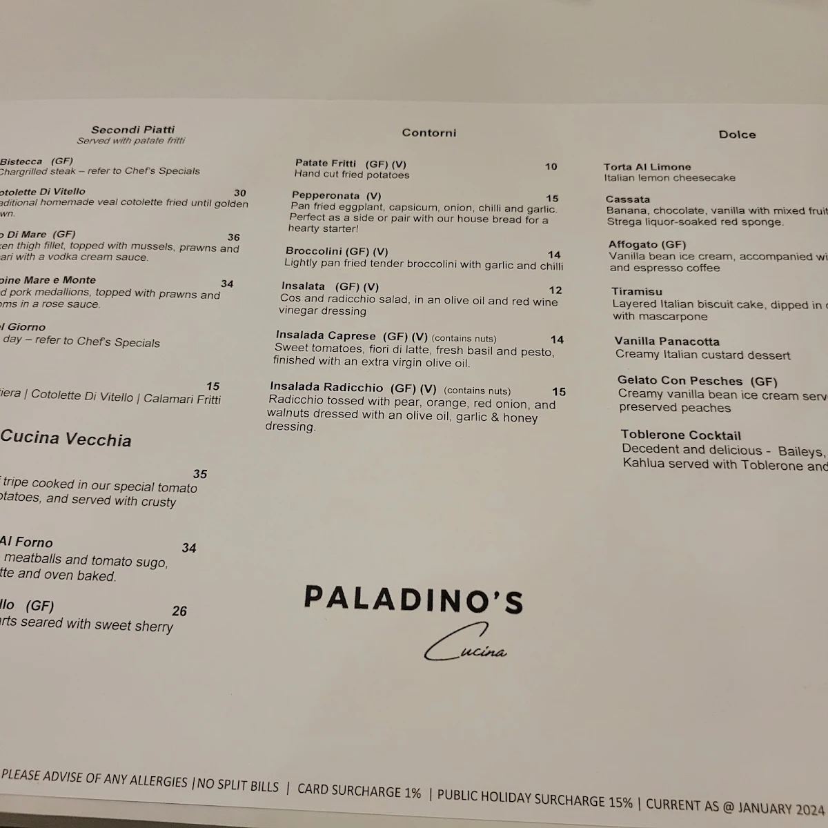 Menu, Paladino's Cucina