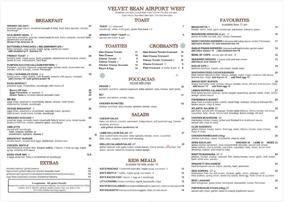 Menu, Velvet Bean Airport West