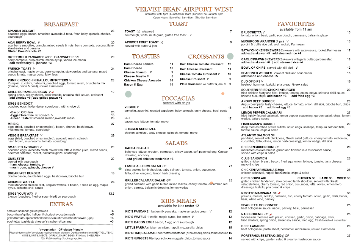 Menu, Velvet Bean Airport West