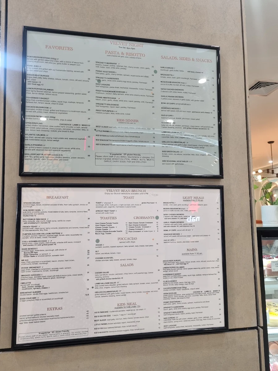 Menu, Velvet Bean Airport West