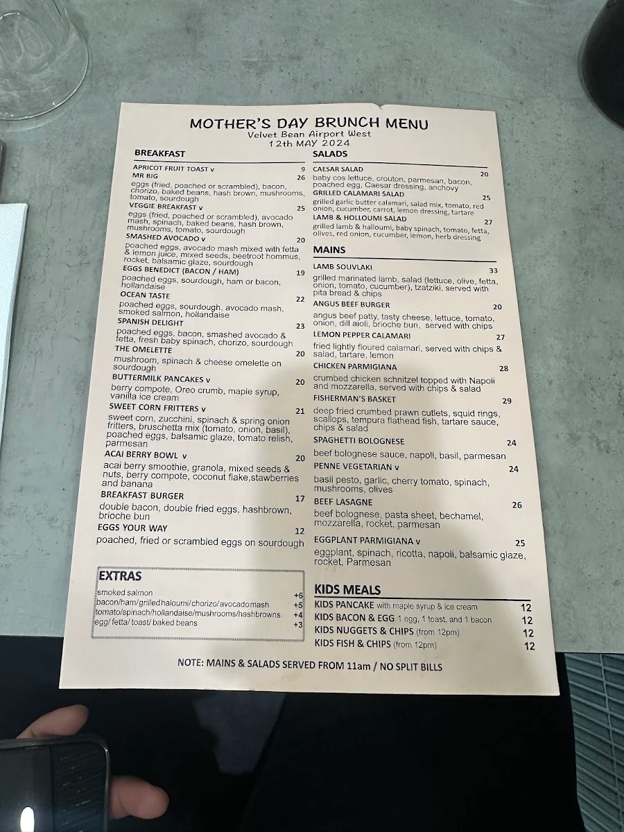 Menu, Velvet Bean Airport West