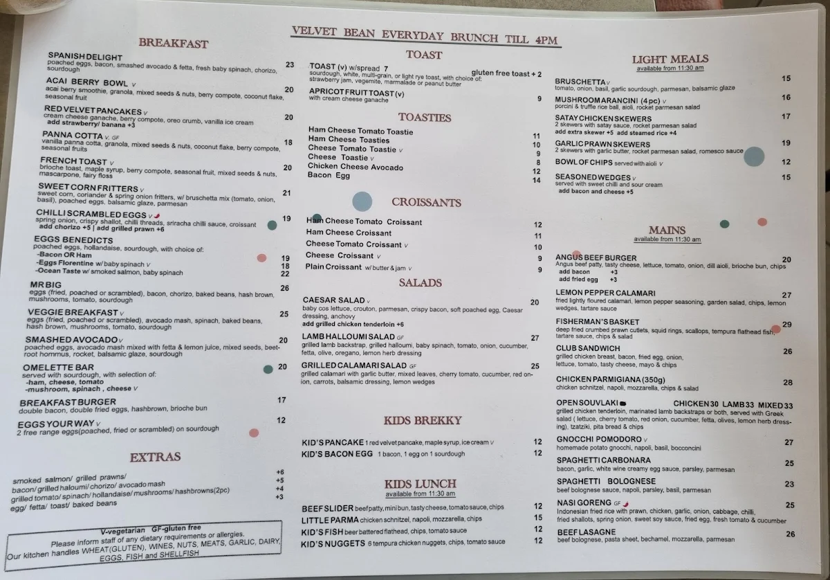 Menu, Velvet Bean Airport West