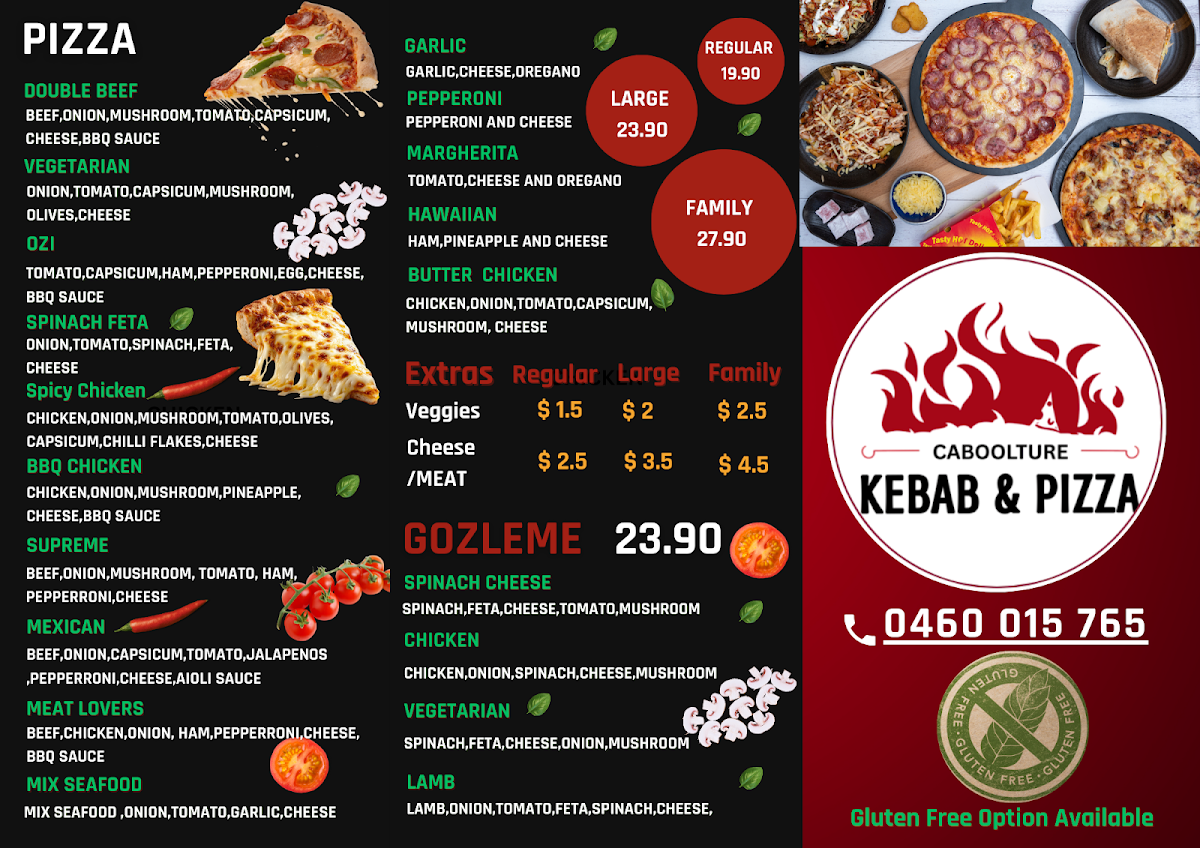 Menu, Caboolture Pizza & Kebab