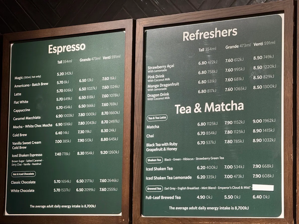 Menu, Starbucks Central Park