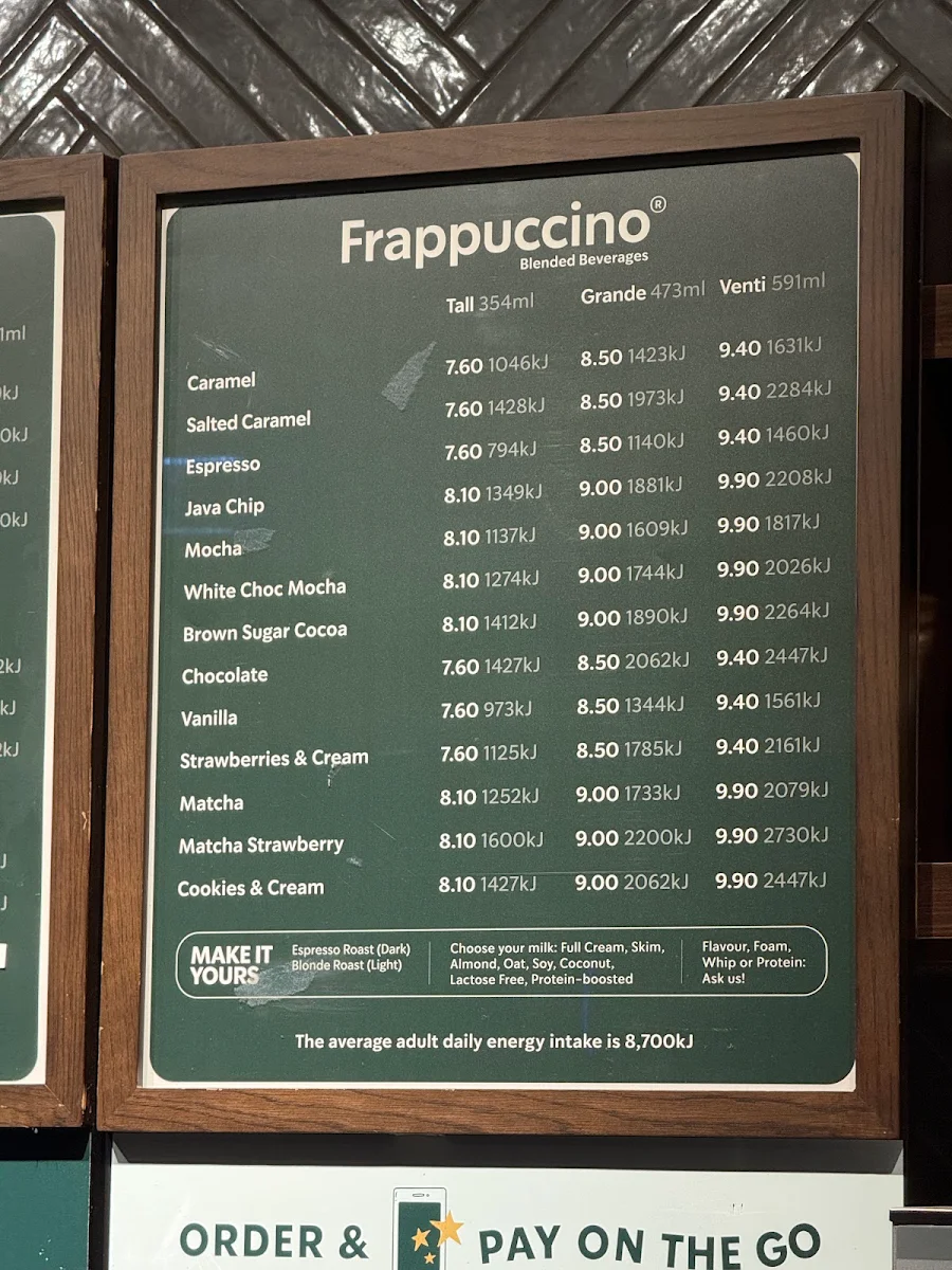 Menu, Starbucks Central Park