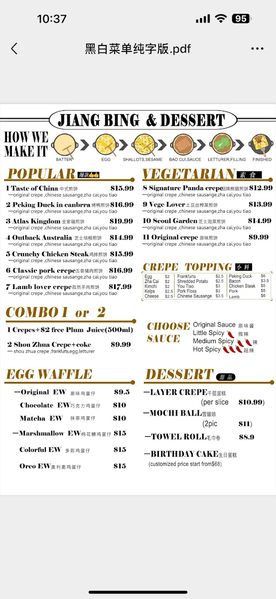 Menu, panda crepes&tea