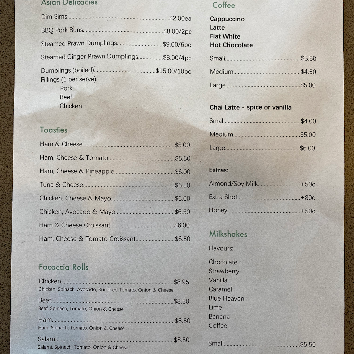 Menu, The Beleura Cafe & Milkbar