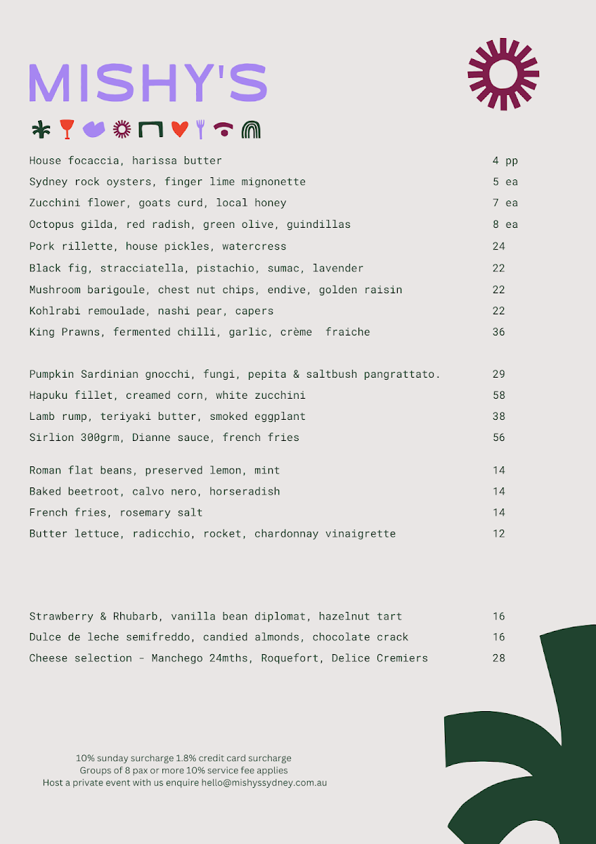 Menu, Mishy's Sydney