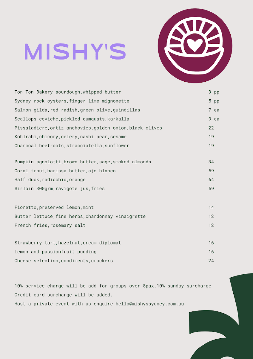 Menu, Mishy's Sydney