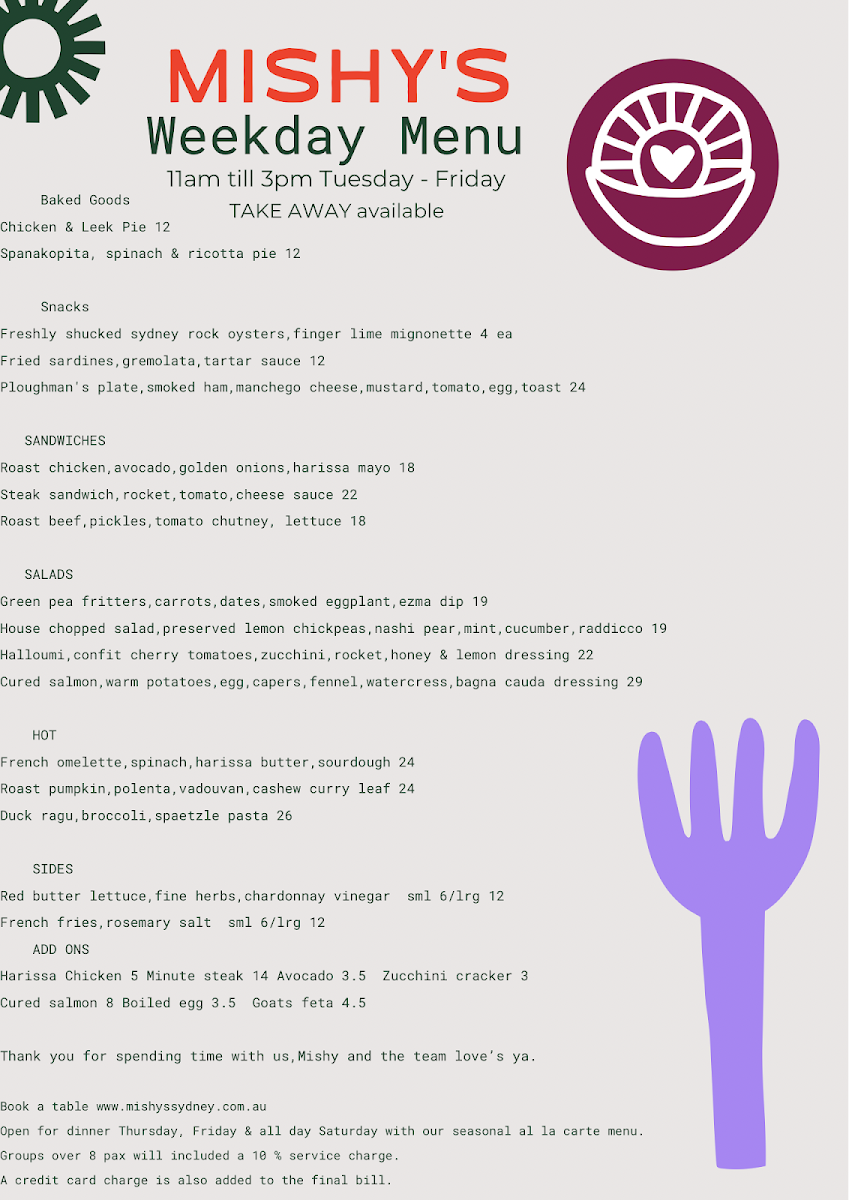 Menu, Mishy's Sydney
