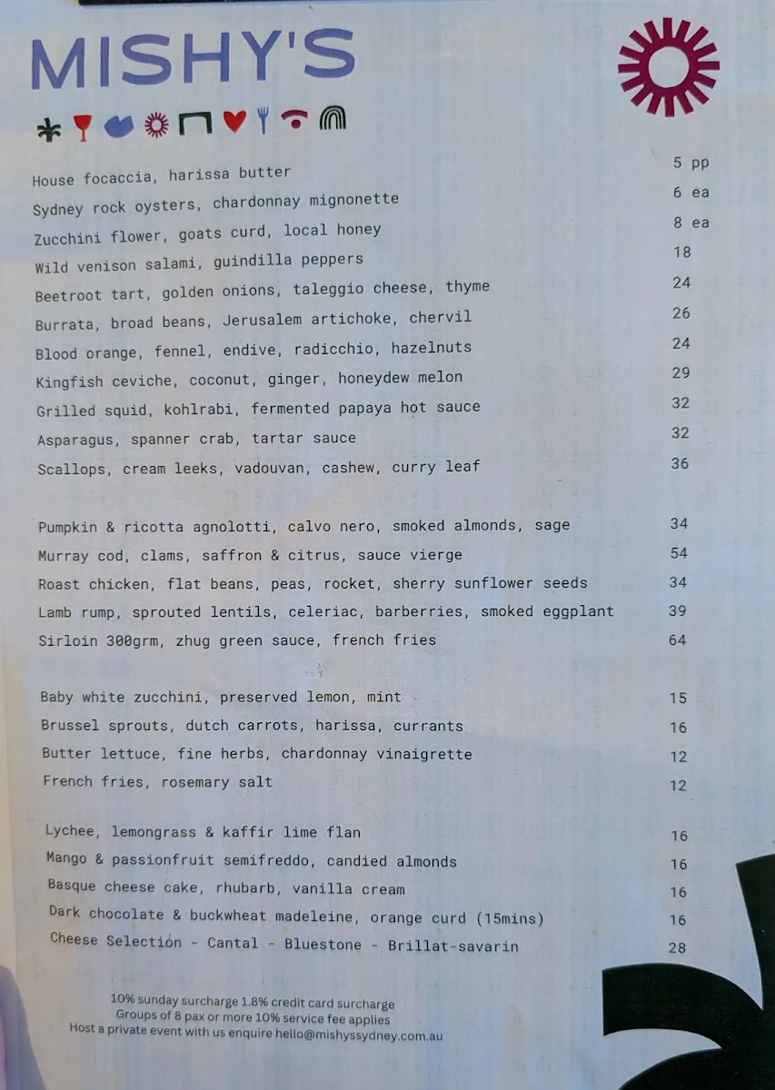 Menu, Mishy's Sydney