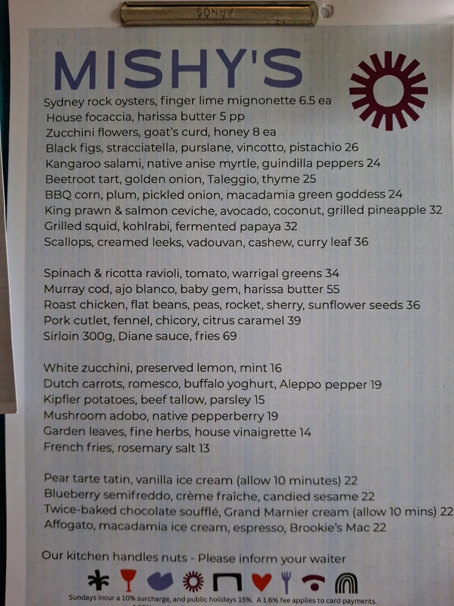 Menu, Mishy's Sydney