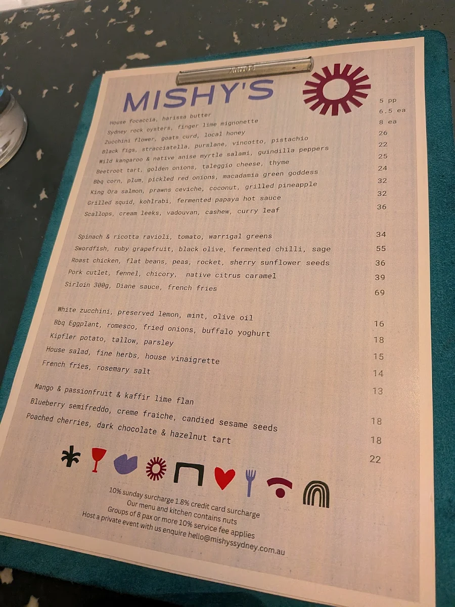 Menu, Mishy's Sydney