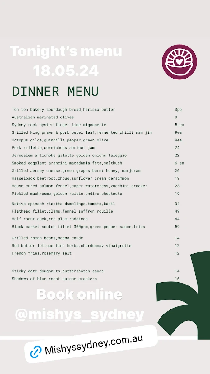Menu, Mishy's Sydney