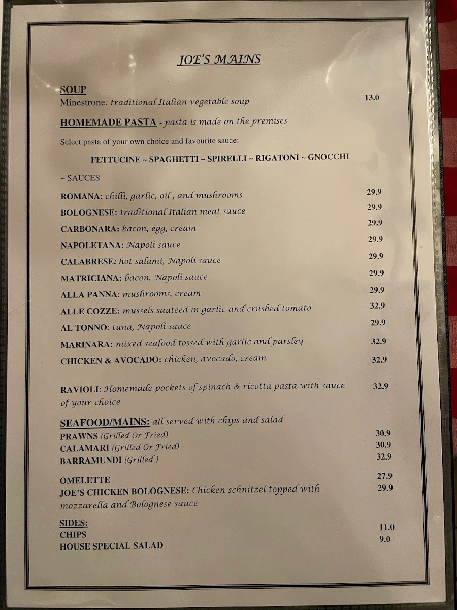 Menu, Joe's of Mentone