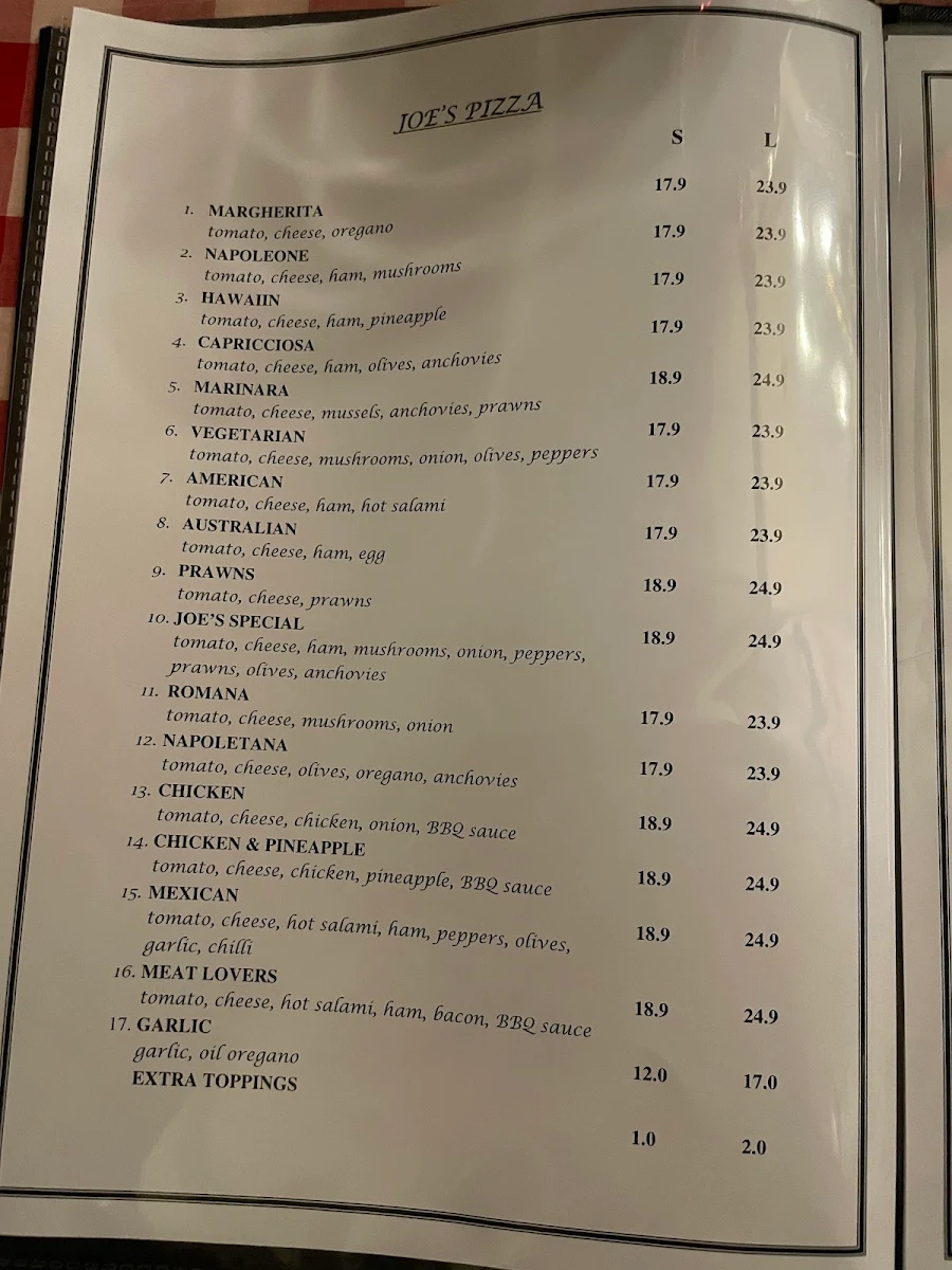 Menu, Joe's of Mentone