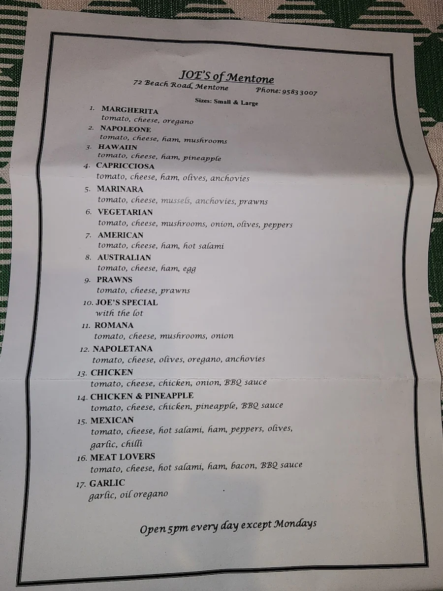Menu, Joe's of Mentone