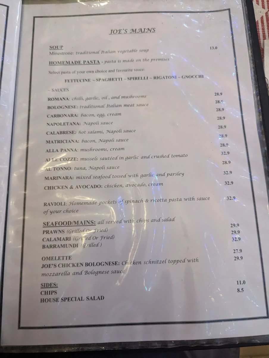 Menu, Joe's of Mentone
