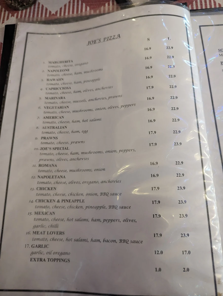 Menu, Joe's of Mentone
