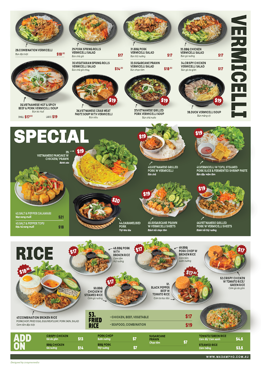 Menu, Madam Pho Rhodes