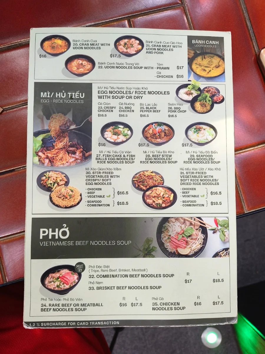 Menu, Madam Pho Rhodes