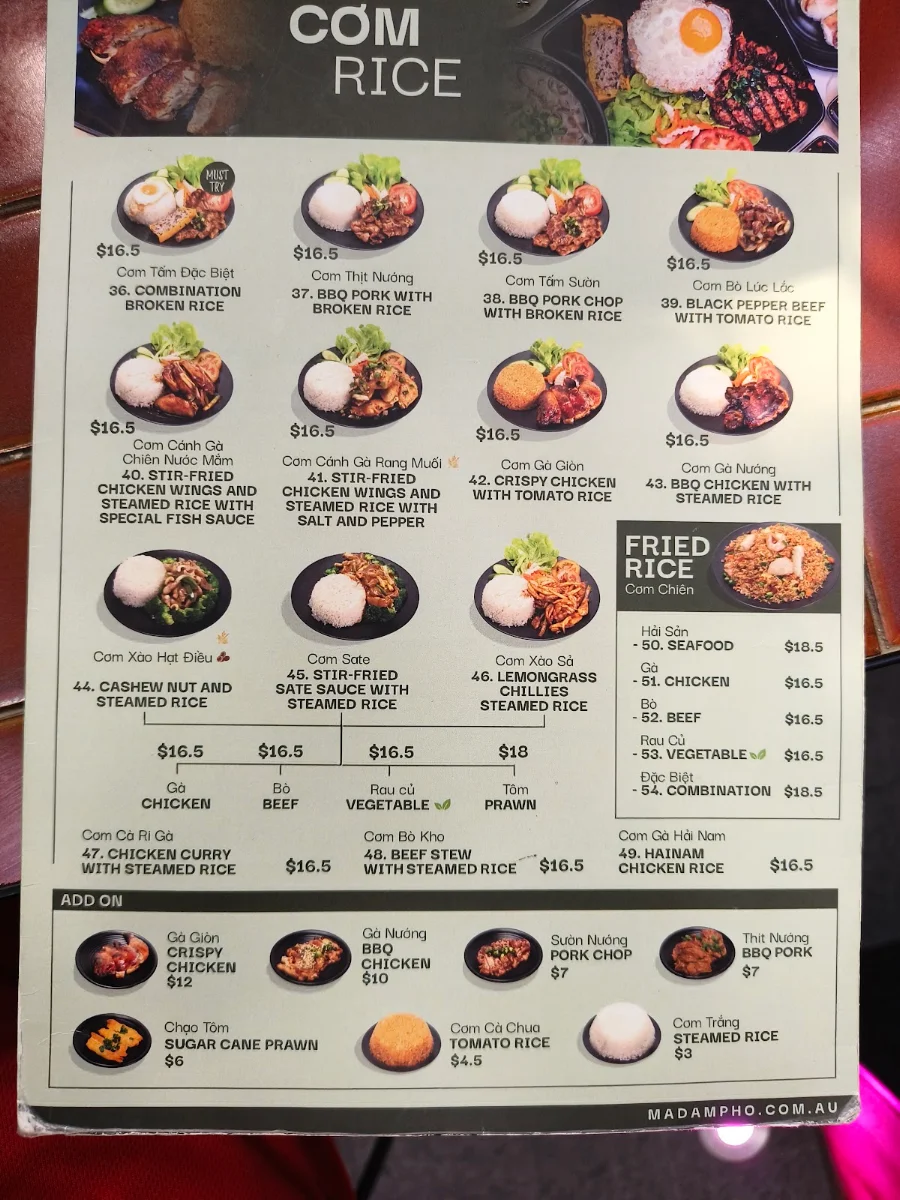 Menu, Madam Pho Rhodes