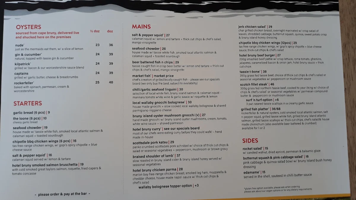 Menu, Hotel Bruny