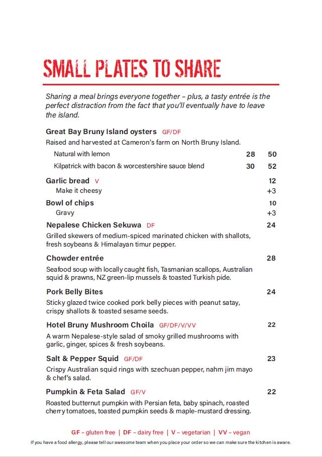 Menu, Hotel Bruny