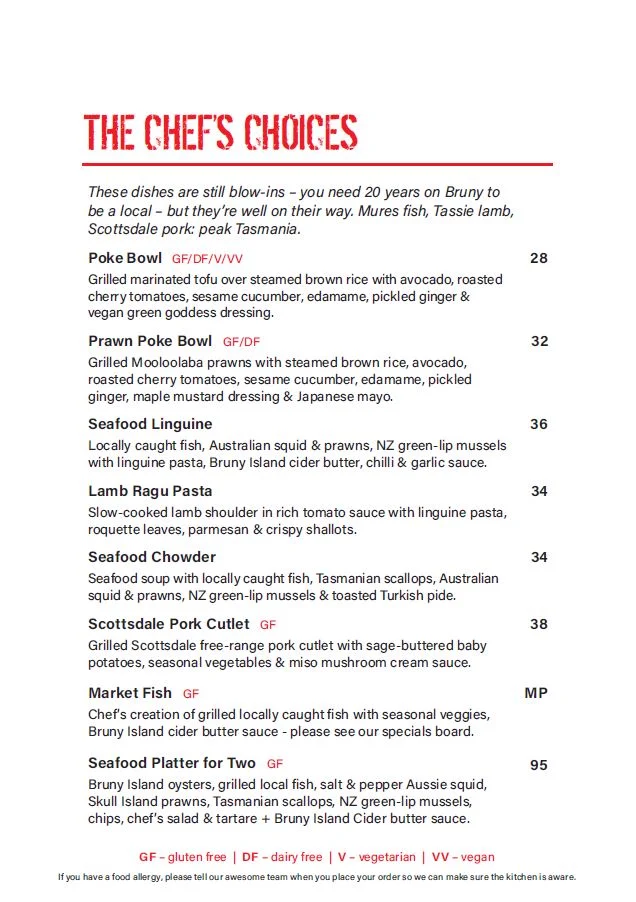 Menu, Hotel Bruny