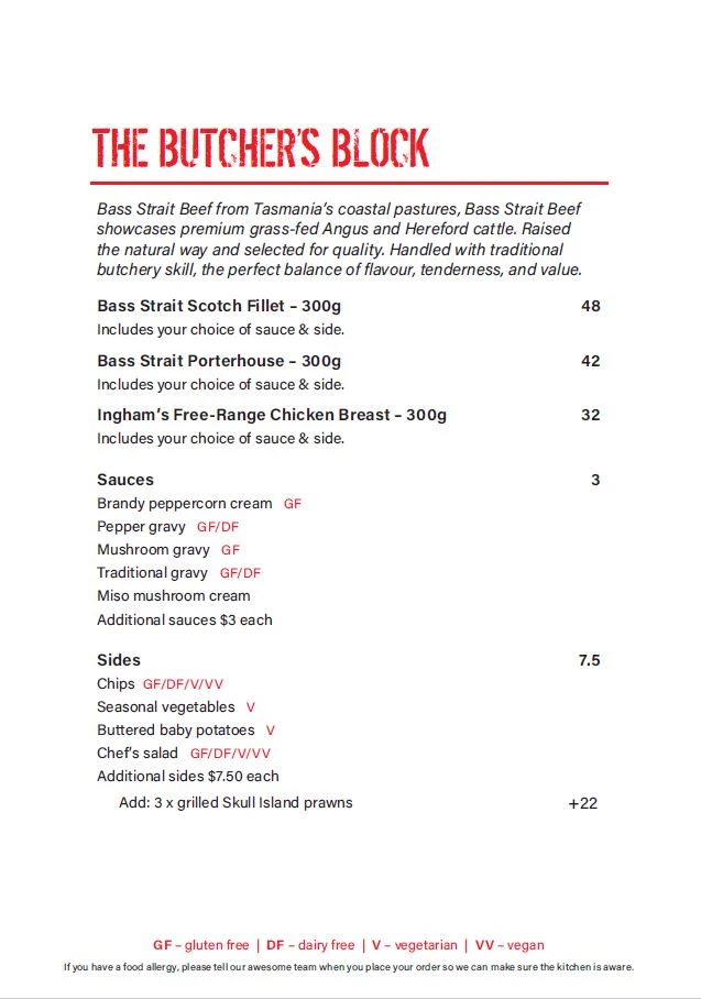 Menu, Hotel Bruny