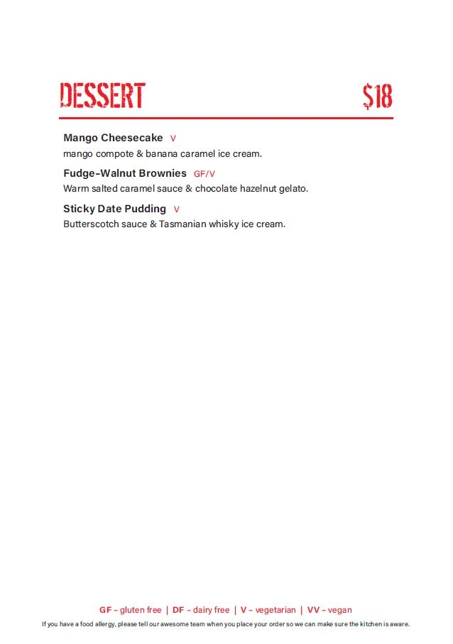 Menu, Hotel Bruny