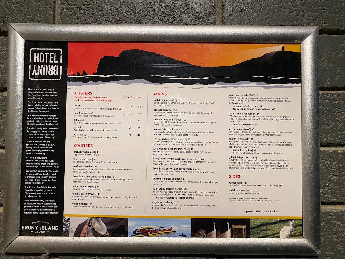 Menu, Hotel Bruny