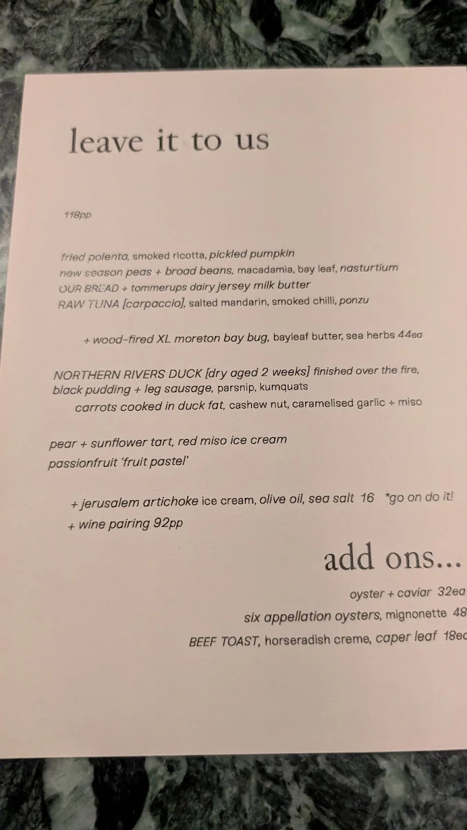 Menu, Essa Restaurant & Wine Bar