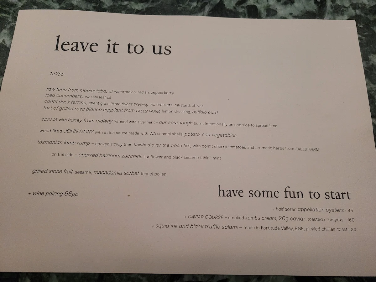 Menu, Essa Restaurant & Wine Bar