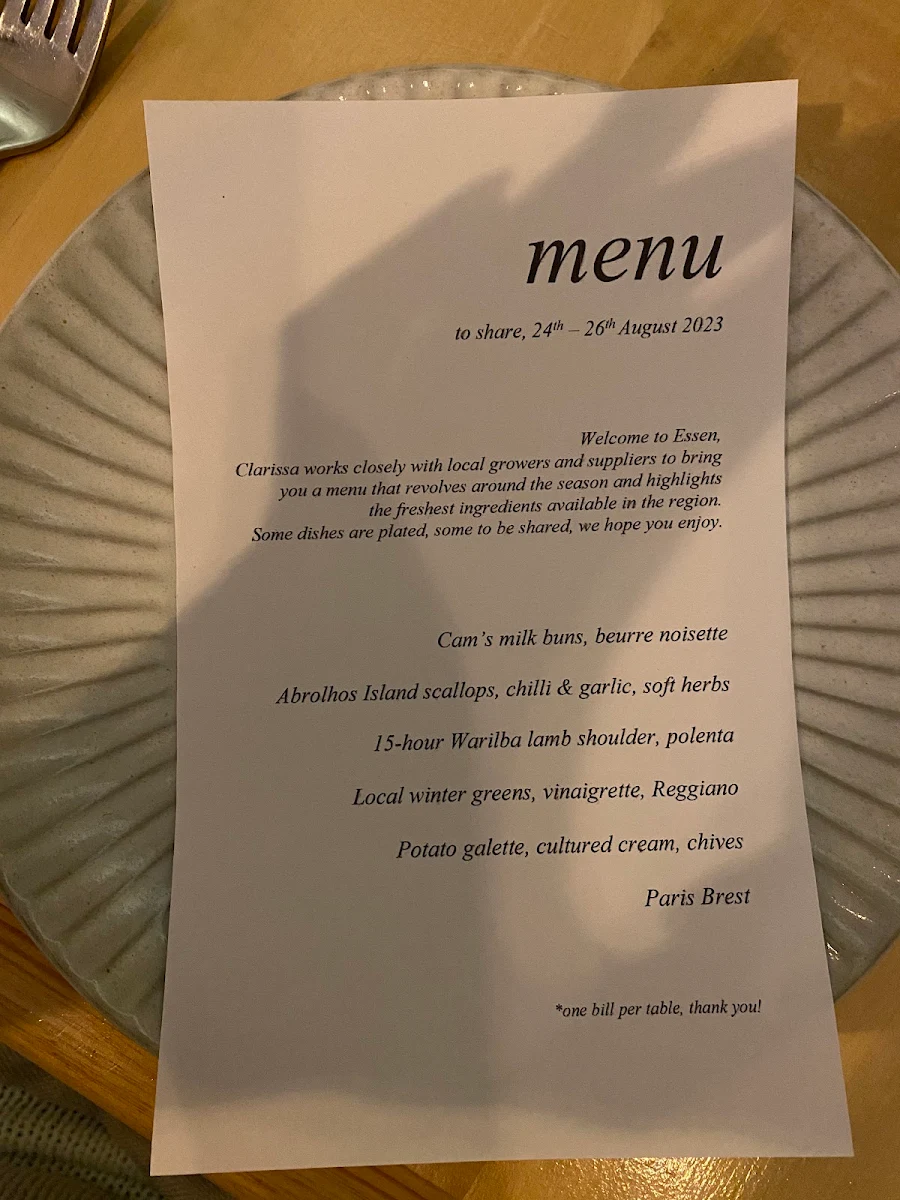 Menu, Essa Restaurant & Wine Bar