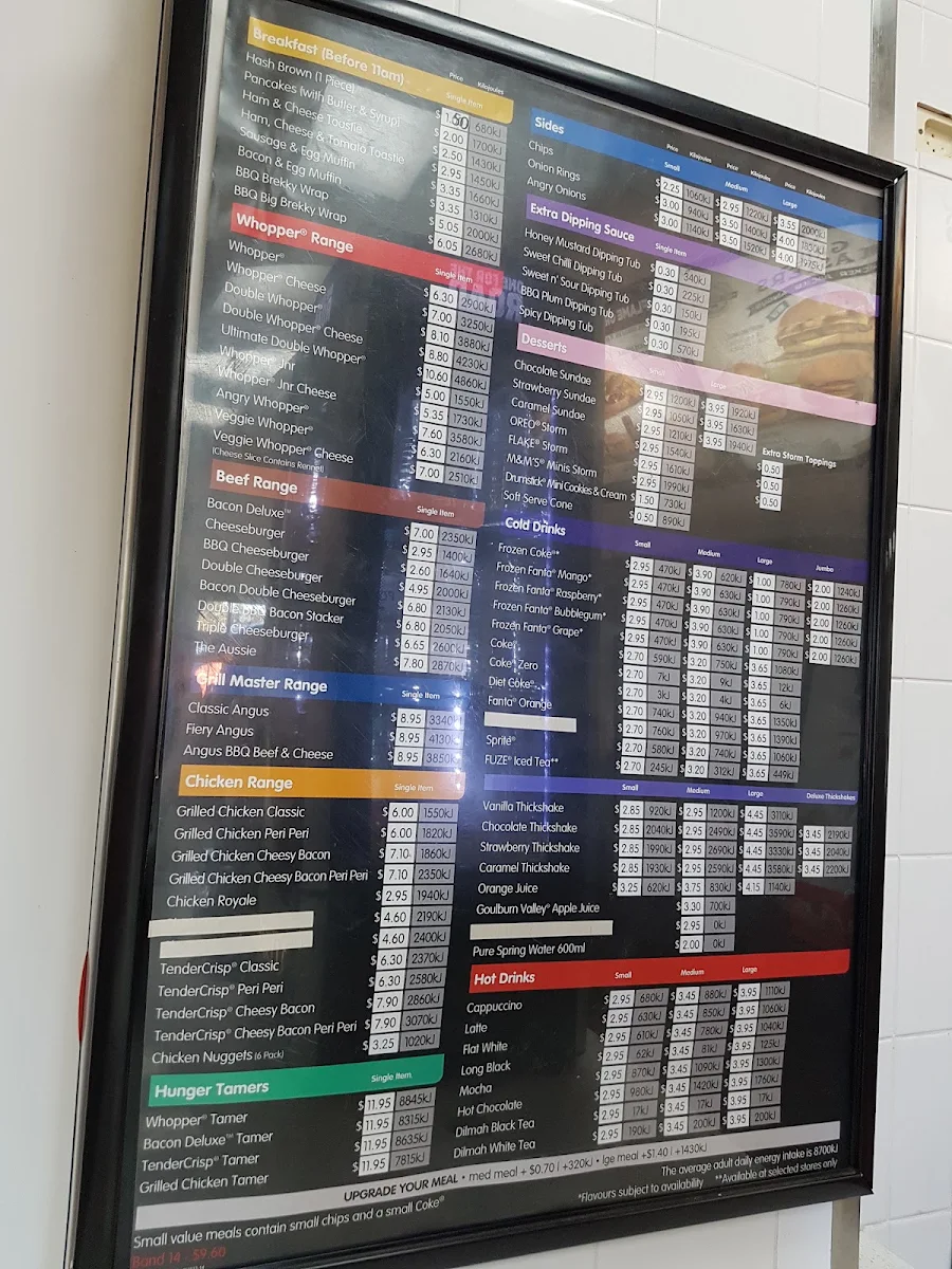 Menu, Hungry Jack's Burgers Glengarry